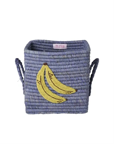 Rice - Lille Firkantet Raffia Kurv - Blå Banana